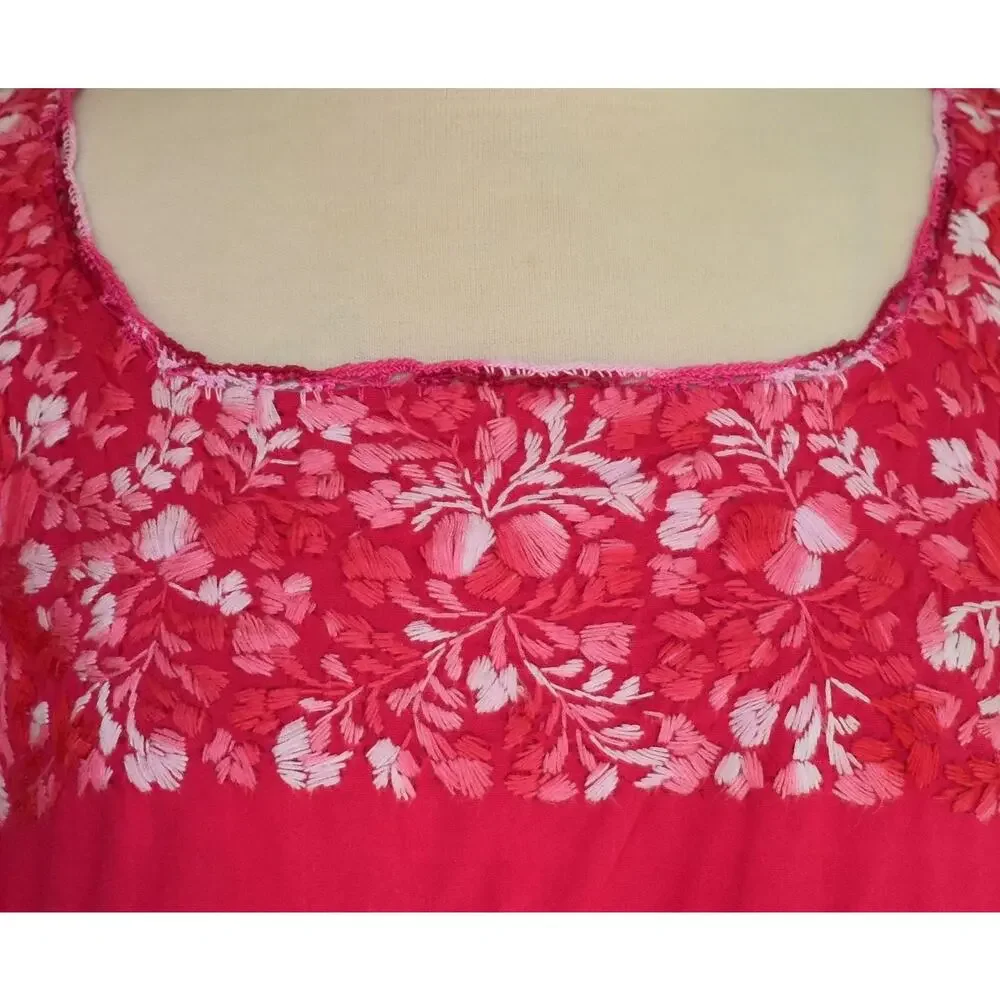 Vintage 70s Hand Embroidered Mexican Blouse, Pink Cotton, Size M Medium
